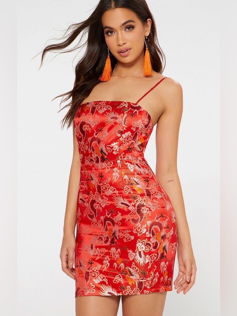 NWT PrettyLittleThing Red oriental Dragon-Print bodycon dress